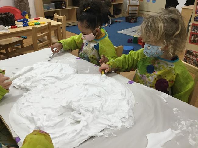 Do you want to build a snowman?  The Red Room at 86th Street did, using shaving cream for snow.  A fun sensory experience!
