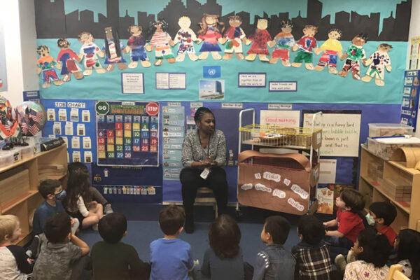 Our Location/Education Director, Monique Tabbs, meets with the Pre-K children about the IPS food drive with City Harvest NYC.