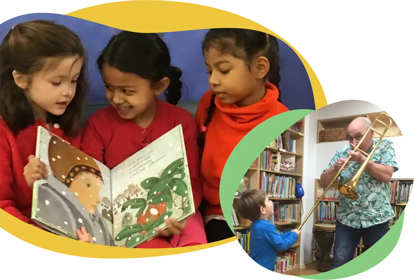 photocollage: three boys delightfully watch foam emerge from a pumpkin; a girl and a boy read a book side by side