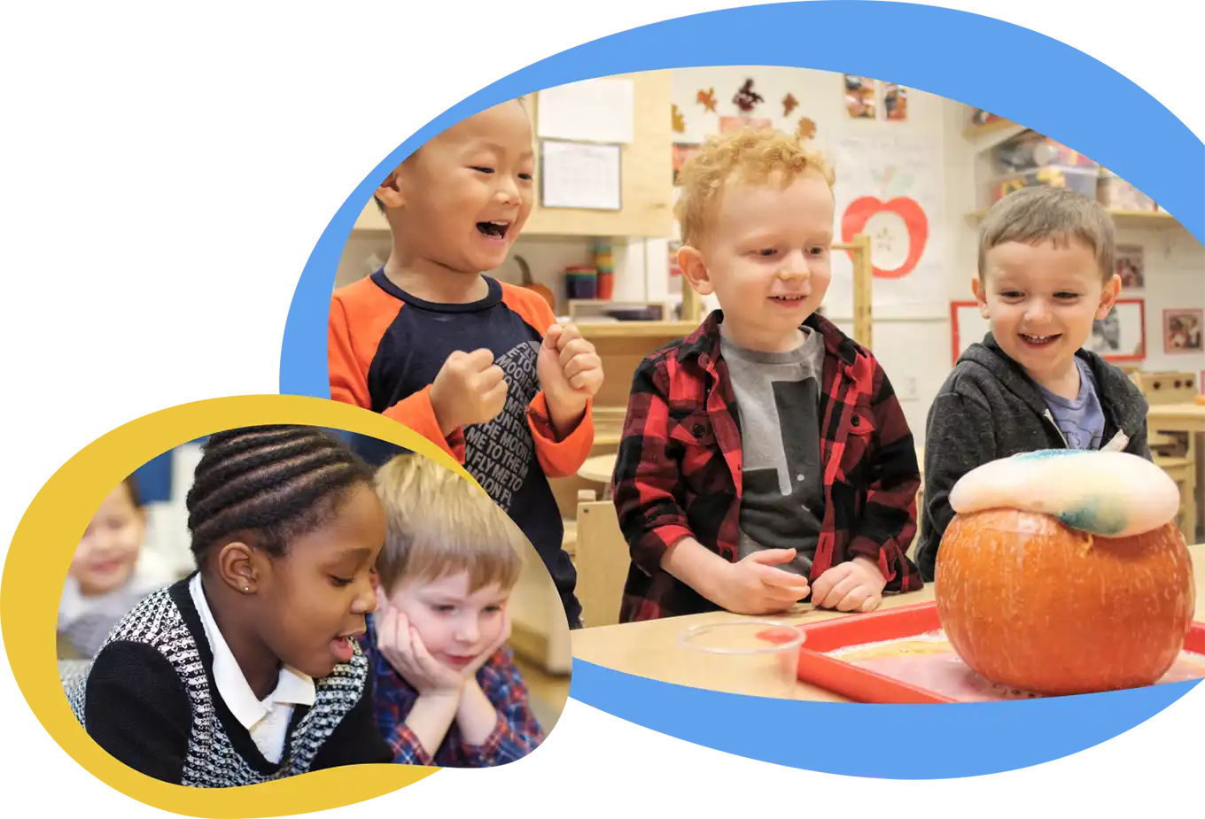 photocollage: three boys delightfully watch foam emerge from a pumpkin; a girl and a boy read a book side by side